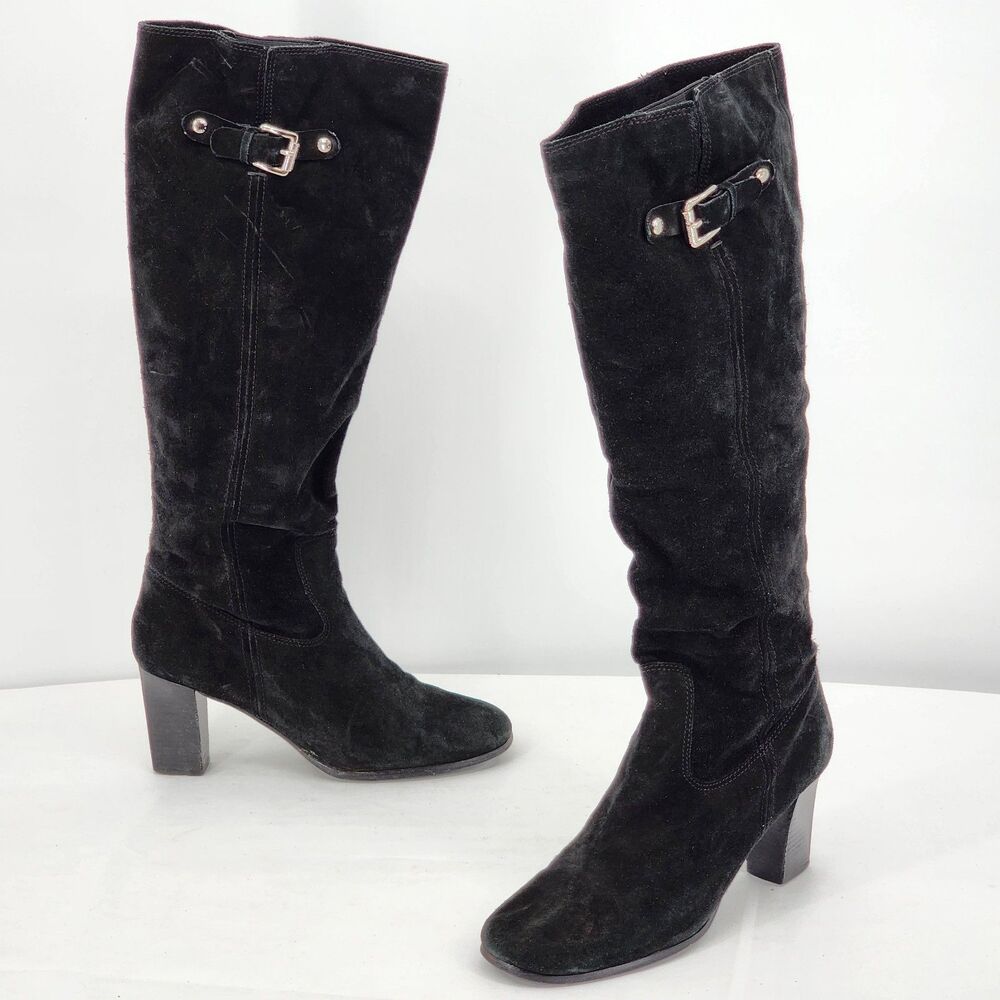 Michael Kors Buckle Suede Leather Black Tall Heeled Boots Size 10